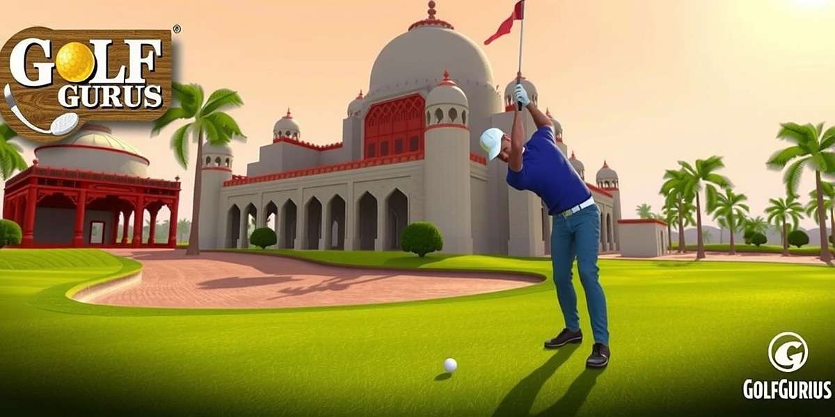 Golf Gurus game screenshot showing a golfer playing at an Indian golf course with traditional architecture in the background