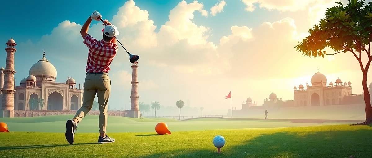 Golf Gurus gameplay showing a golfer teeing off at Delhi Golf Club with historical landmarks in the background