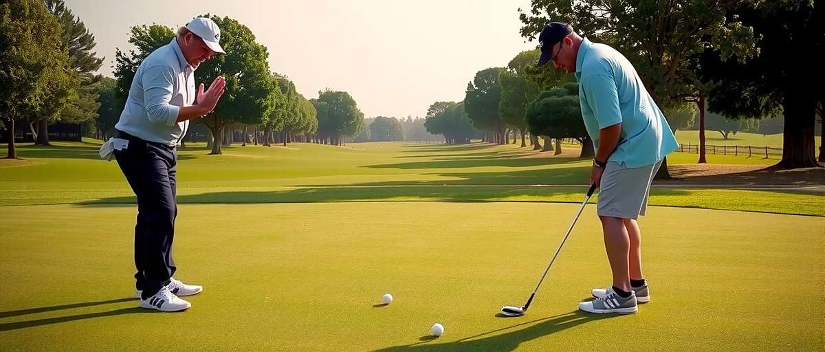 Golf Gurus gameplay showing a player analyzing the green before putting, with a caddie offering advice